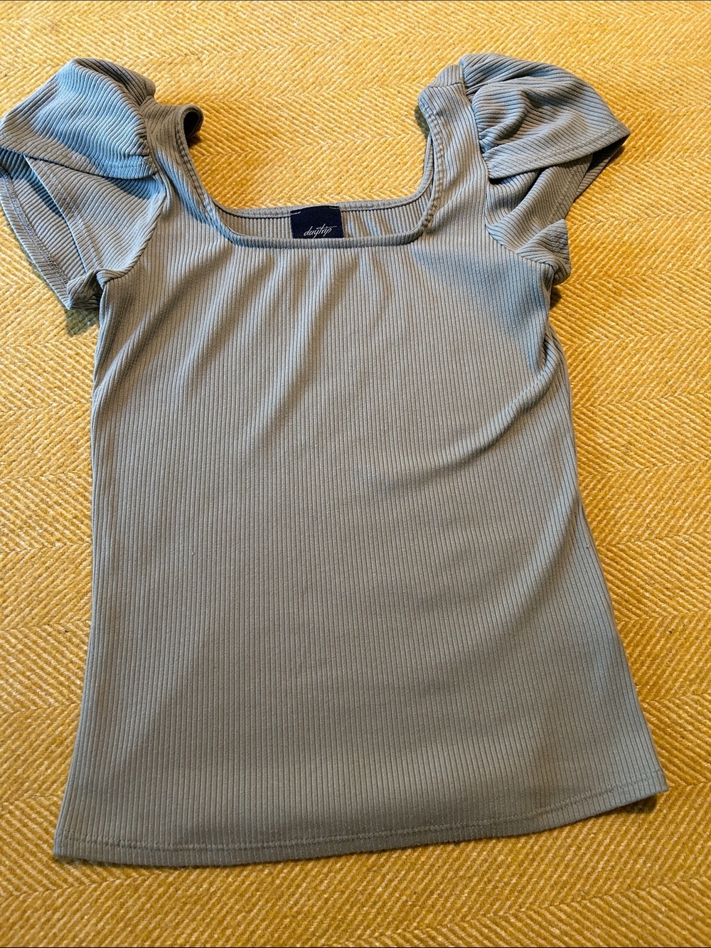 Daytrip Sage Ribbed Puff Sleeve Square Neck Top
